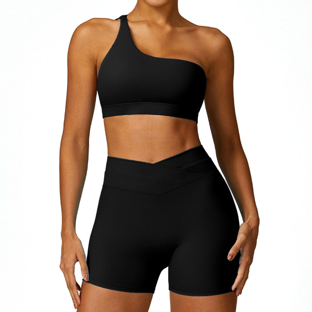 8578 2Pcs  /  Set Single Shoulder Women Sports Bra Backless Padded Yoga Bra + Shorts 8578 2Pcs  /  Set Single Shoulder Women Sports Bra Backless Padded Yoga Bra + Shorts